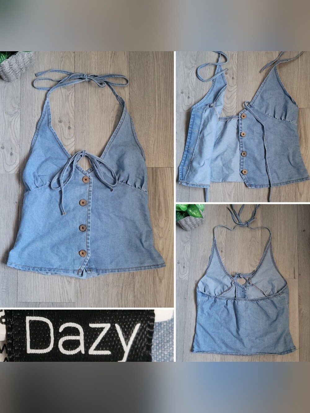 Dazy Light Blue Denim Back & Front Tie Button-down V-Neck Halter Top, Medium